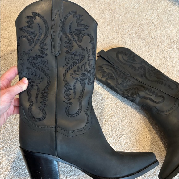 Jeffrey Campbell Black Heeled Boots with Western Stitching - Picture 3 of 7